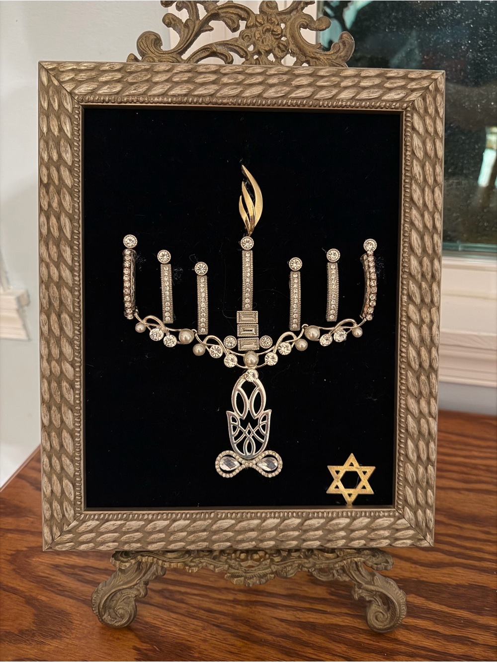 Hand Crafted Gold frame Navy Velvet Menorah Wall Accent